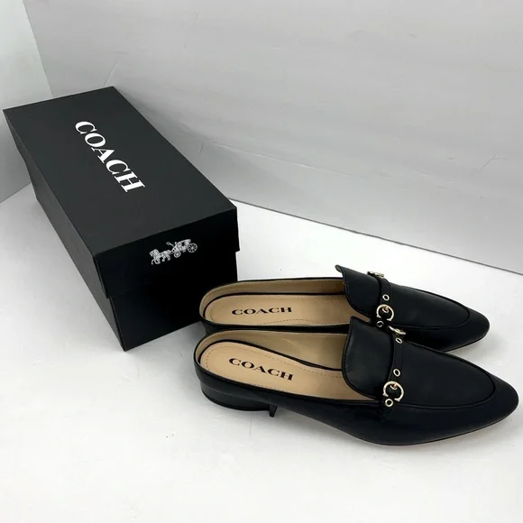 COACH BLACK ALL LEATHER IRENE MULE LOAFER EITH GOLD LOGO & HARDWARE, SIZE 7-B - Picture 16 of 16